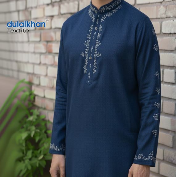 Men's Stylist Full Sleeve Cotton Embroidered Punjabi- Deep blue