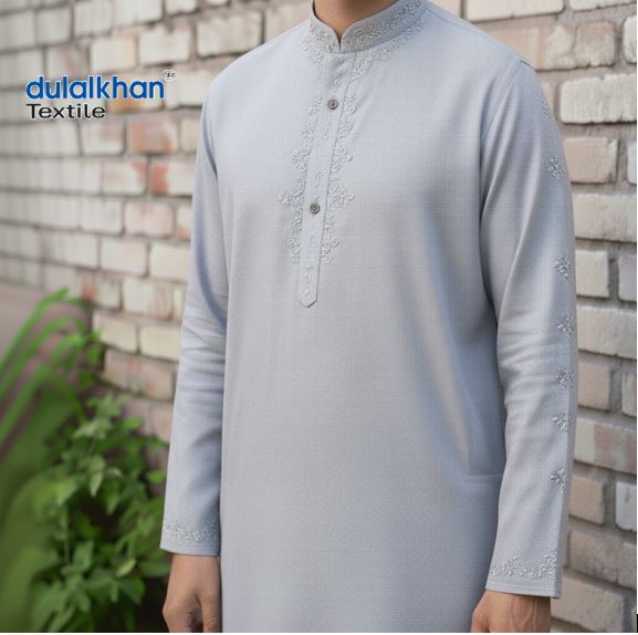 Men's Stylist Full Sleeve Cotton Embroidered Punjabi- Light Ash