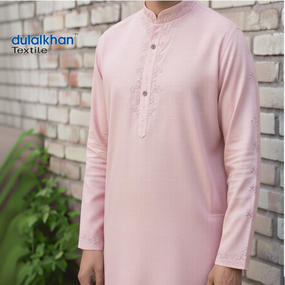 Men's Stylist Full Sleeve Cotton Embroidered Punjabi-Pink